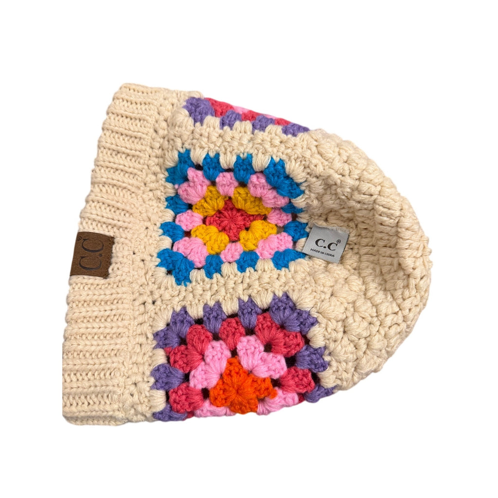 C.C Cream Multicolor Granny Square Crochet Knit Beanie Hat Boho