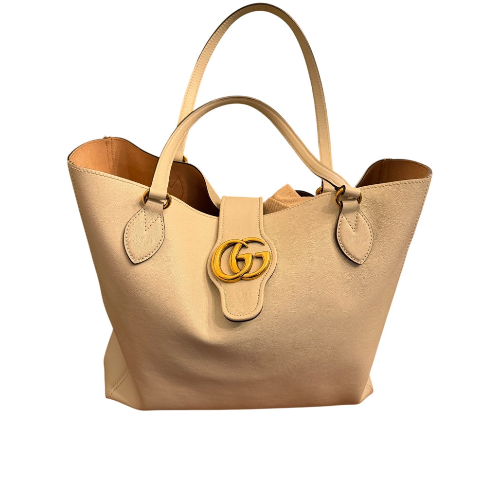 Gucci Interlocking G Ivory Cream Leather Tote Shoulder Bag Gold Hardware Pouch Full Set