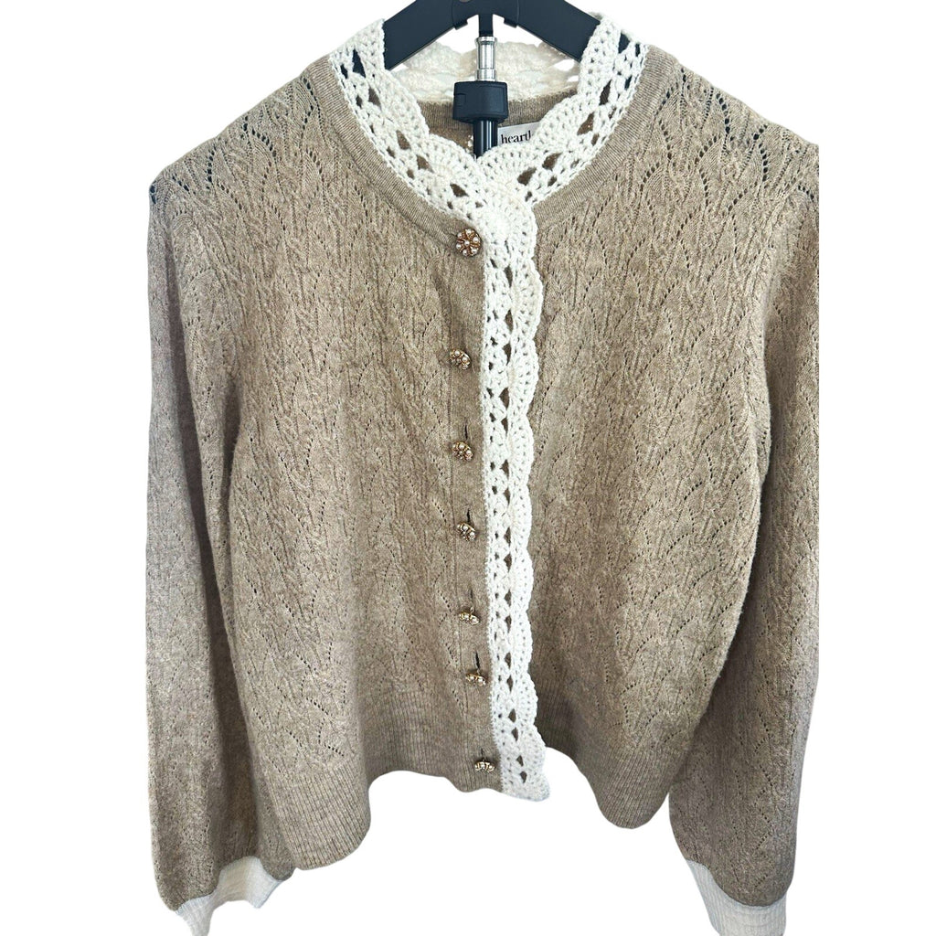 heartloom Womens Knit Cardigan Sweater V-Neck Button Crochet Trim Beige L