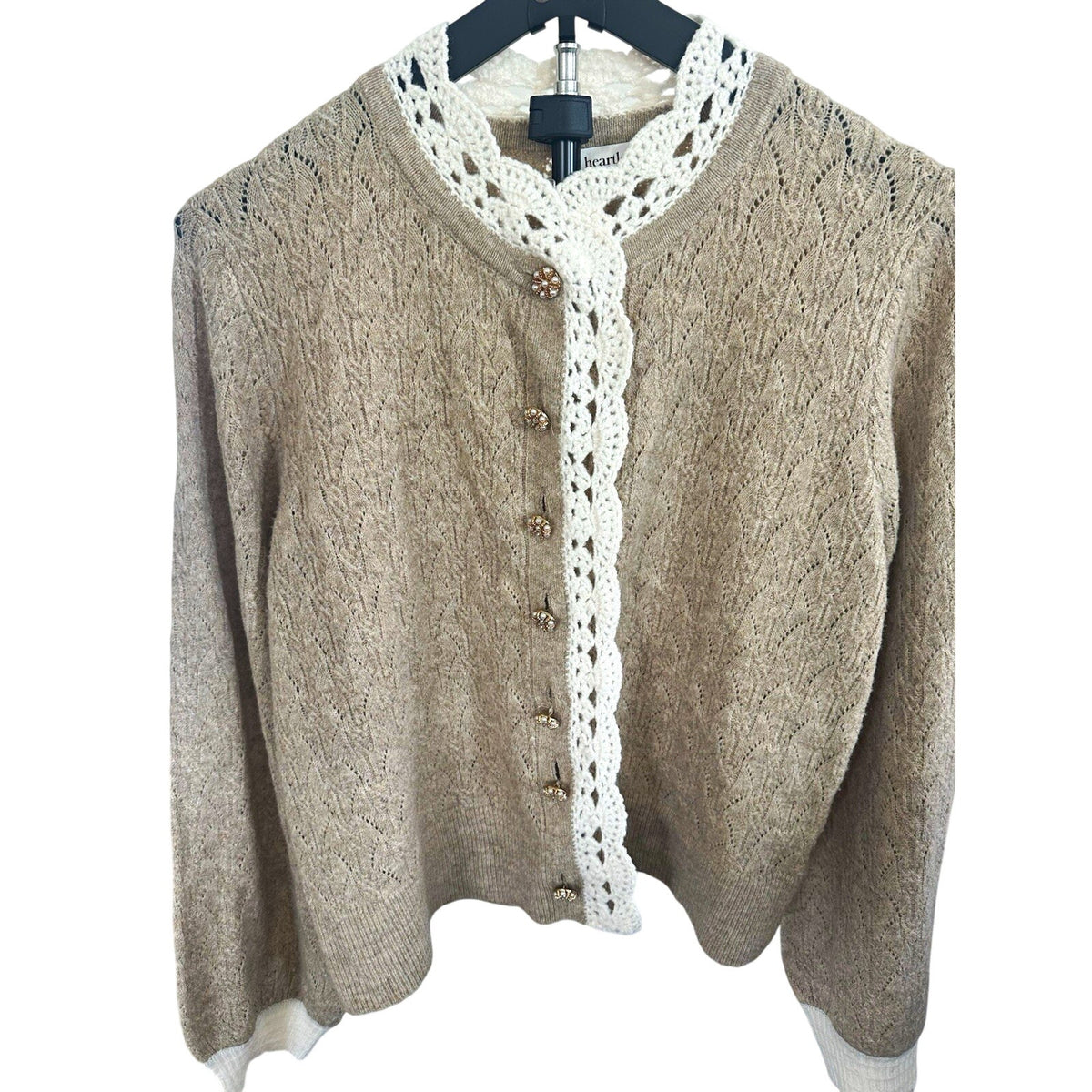 heartloom Womens Knit Cardigan Sweater V-Neck Button Crochet Trim Beige L