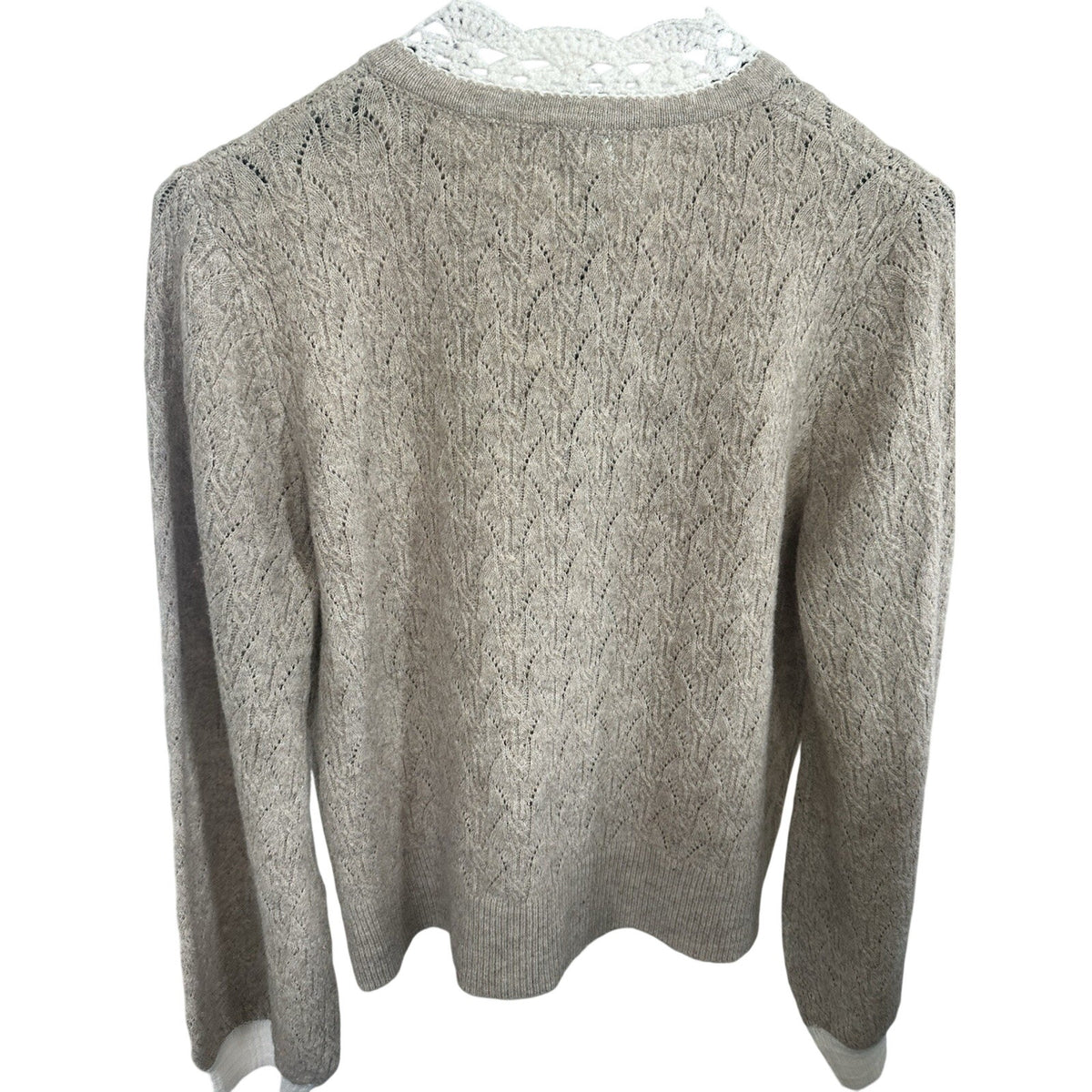 heartloom Womens Knit Cardigan Sweater V-Neck Button Crochet Trim Beige L