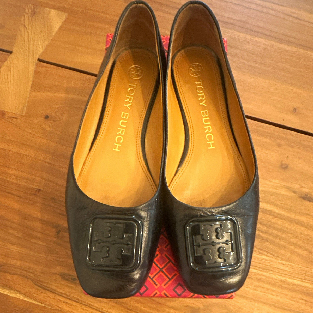 Tory Burch Black Leather Ballet Flats Logo Square Toe Slip-On Women’s 7.5 M