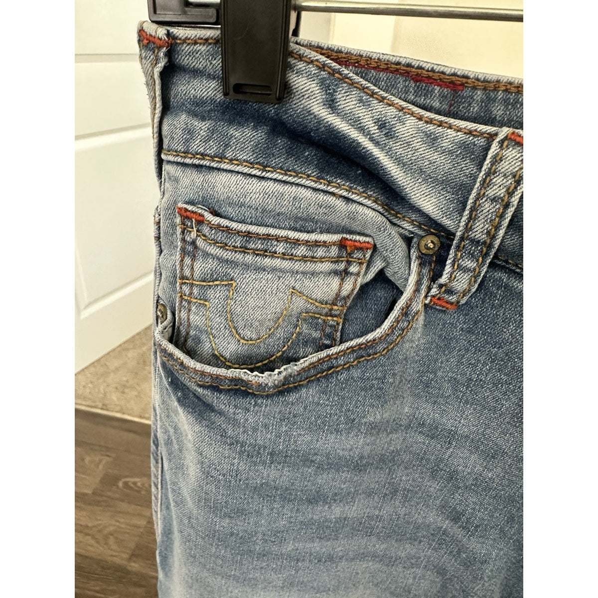 True Religion Denim Maxi Skirt Womens 29 Blue Jean Front Slit Y2K Horseshoe