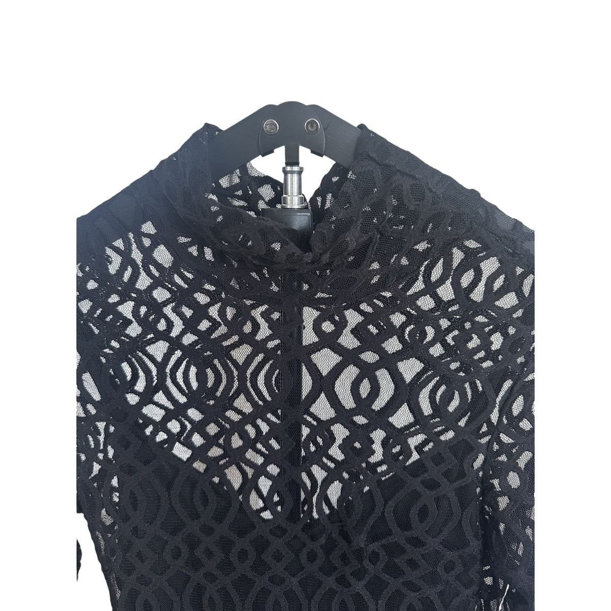 Rachel Rachel Roy Black Lace Geometric High Neck Long Sleeve Midi Sheath Dress M