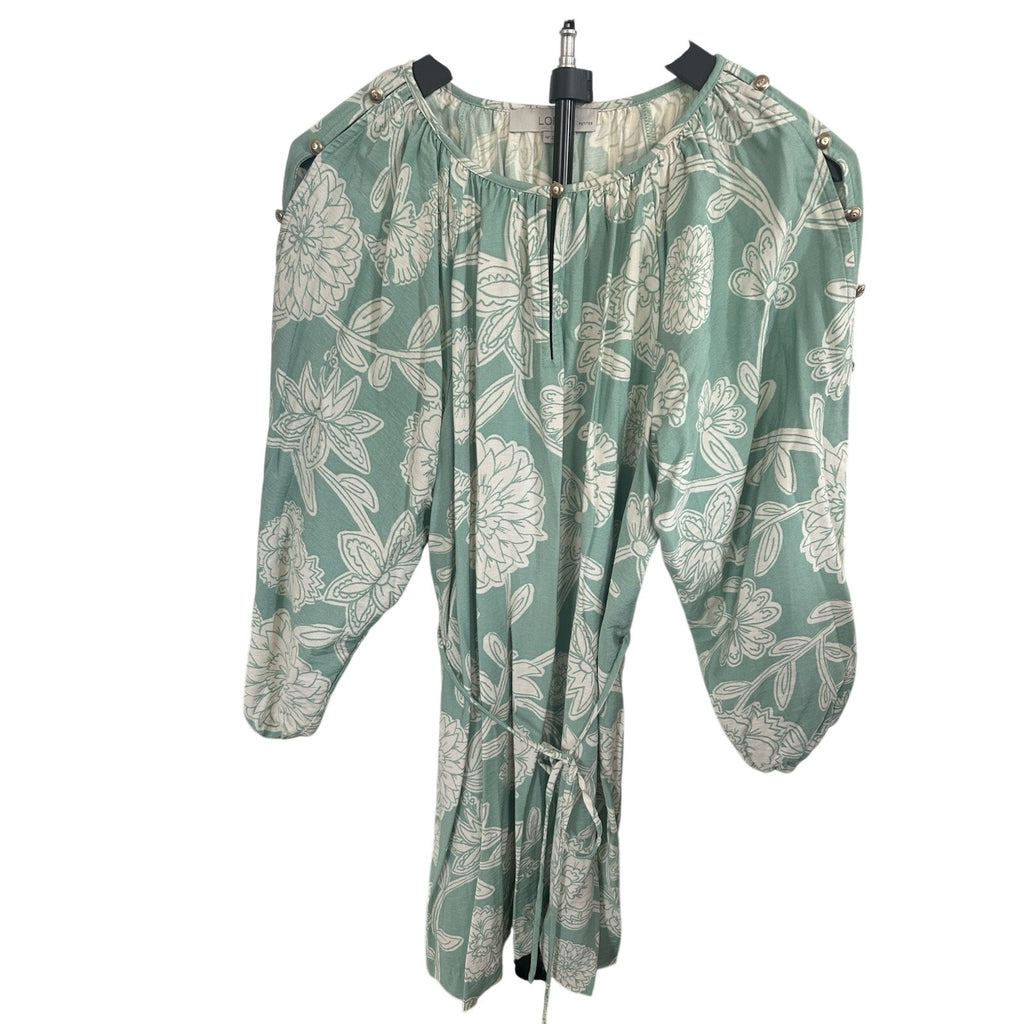 LOFT Petite MP Green/White Floral Long Sleeve Blouson Knee Dress Button