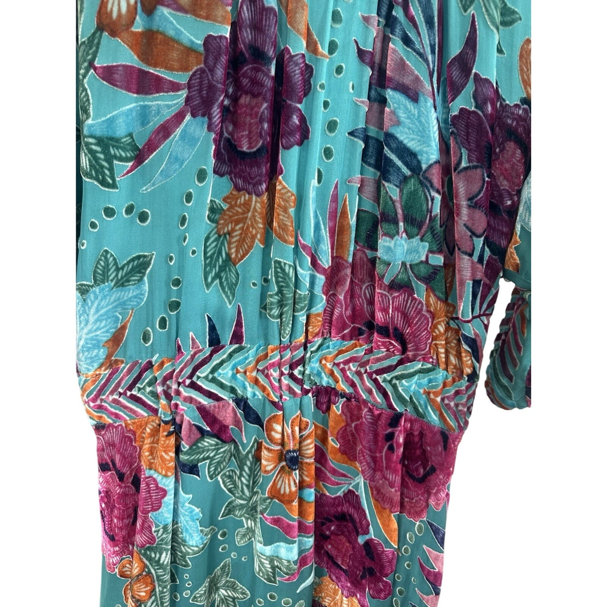 Hale Bob Turquoise Multicolor Floral Velvet Silk Scoop Neck Maxi Dress M