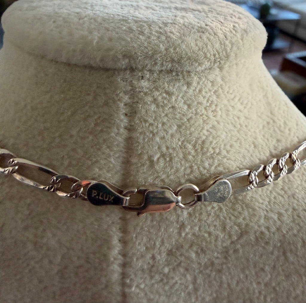 18" 925 Sterling Silver Figaro Chain Necklace Diamond Cut Italy