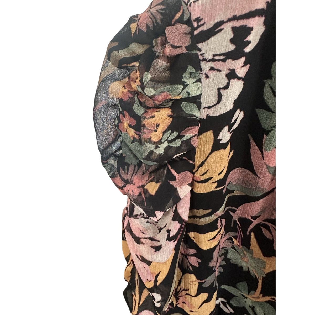 MSK Petite PM Petites Floral V-Neck Puff Short Sleeve Midi Dress Black