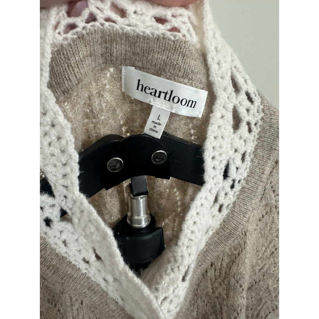 heartloom Womens Knit Cardigan Sweater V-Neck Button Crochet Trim Beige L