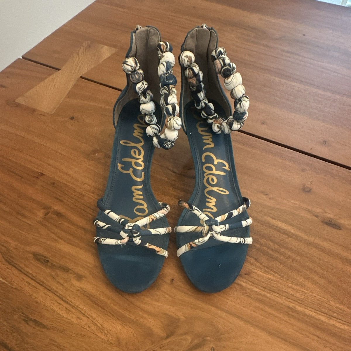 Sam Edelman Women's Blue White Suede Strappy Bow Ankle Strap Zip Sandals 6.5