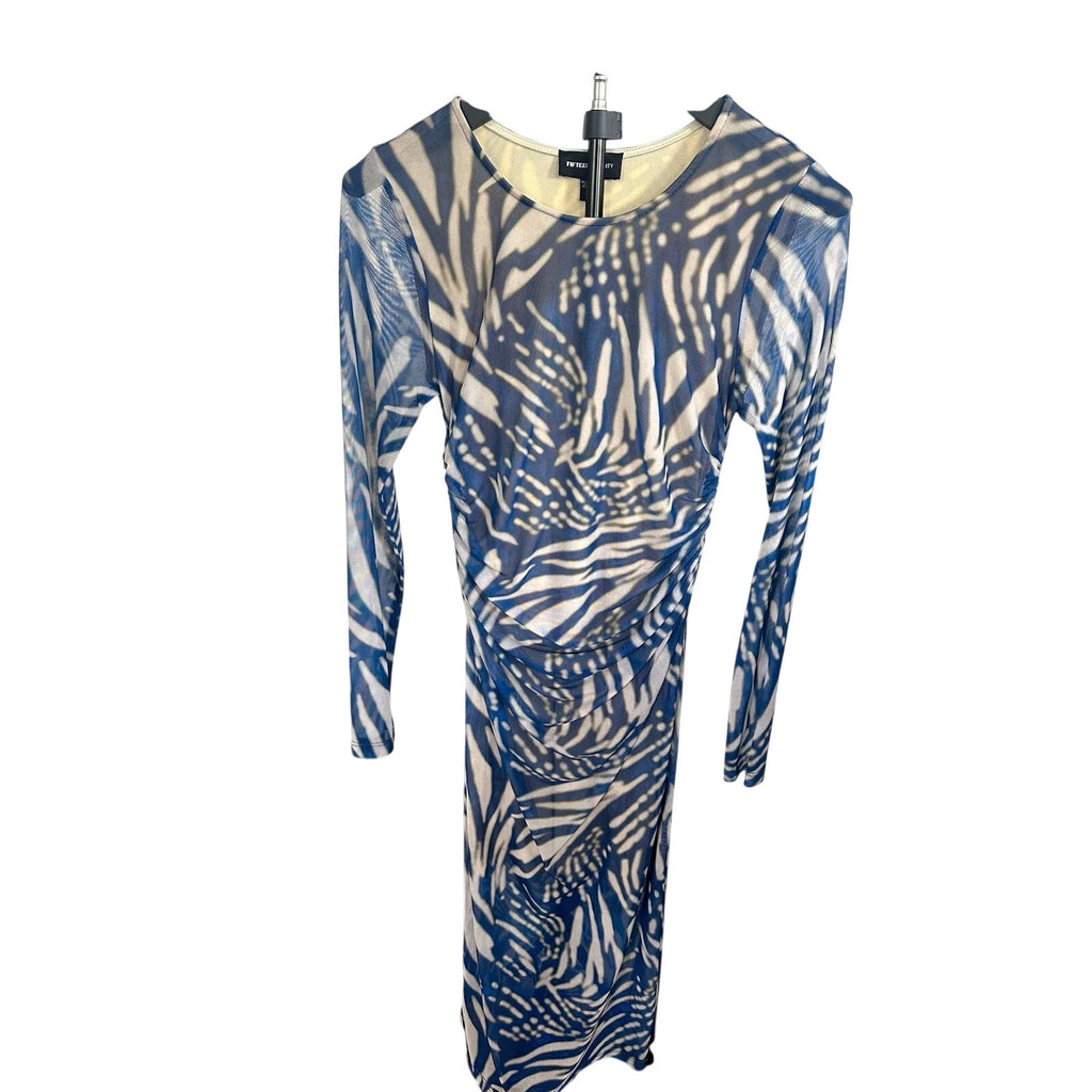 FIFTEEN TWENTY Blue/White Abstract Ruched Round Neck Long Sleeve Midi Dress M