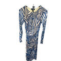 FIFTEEN TWENTY Blue/White Abstract Ruched Round Neck Long Sleeve Midi Dress M