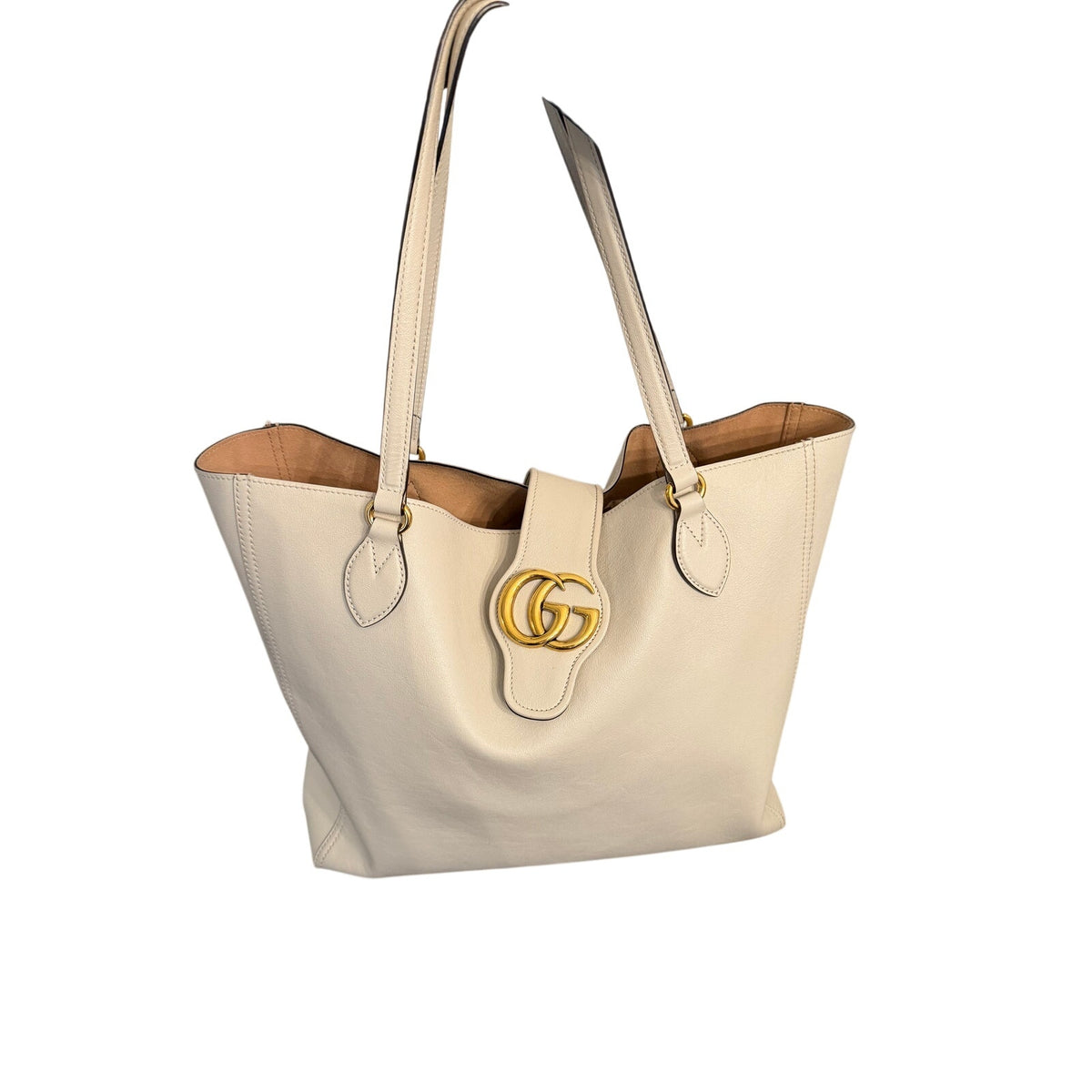 Gucci Interlocking G Ivory Cream Leather Tote Shoulder Bag Gold Hardware Pouch Full Set