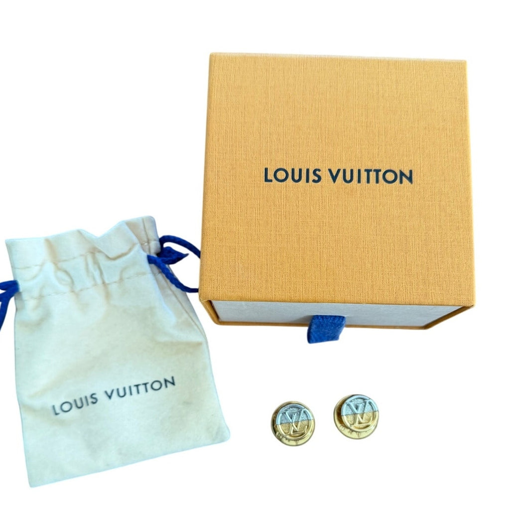 Louis Vuitton Two-Tone LV Logo Round Stud Earrings Gold Silver w/ Box Pouch