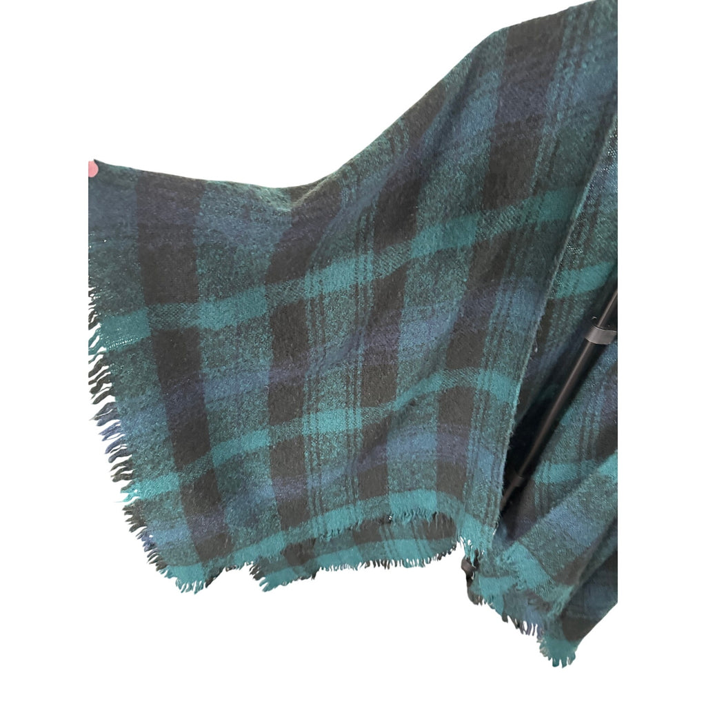 LOFT Outlet Teal Navy Plaid Open Front Ruana Poncho Wrap Fringe One Size