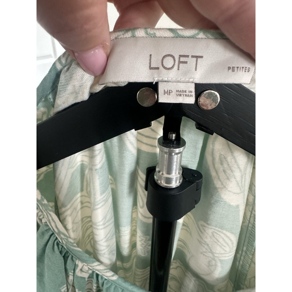 LOFT Petite MP Green/White Floral Long Sleeve Blouson Knee Dress Button