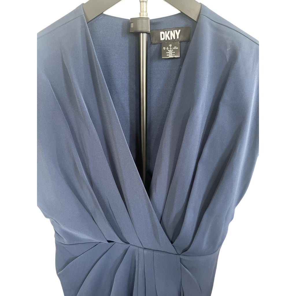 DKNY Blue Solid V-Neck Short Sleeve Pleated Pencil Knee Dress Size 10 DD4E2B94