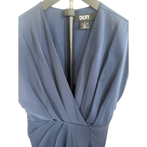 DKNY Blue Solid V-Neck Short Sleeve Pleated Pencil Knee Dress Size 10 DD4E2B94
