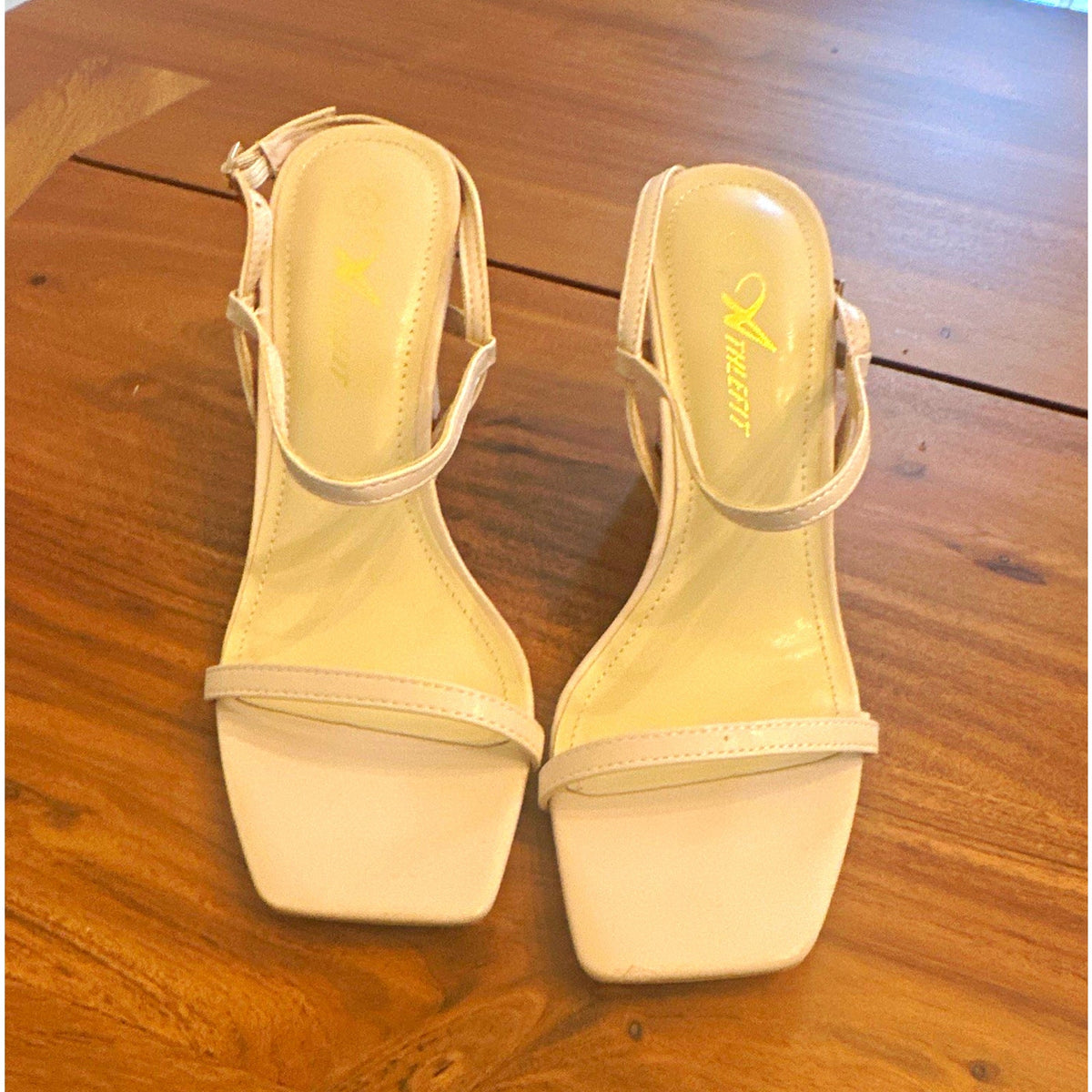 Athlefit Women's Beige Faux Leather Strappy Square Toe Ankle Strap Block Heels 7