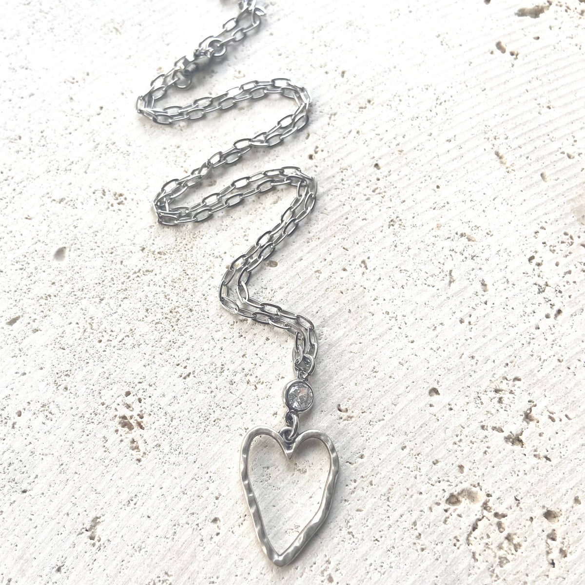 The Audrey | Silver Hammered Heart & Crystal Necklace