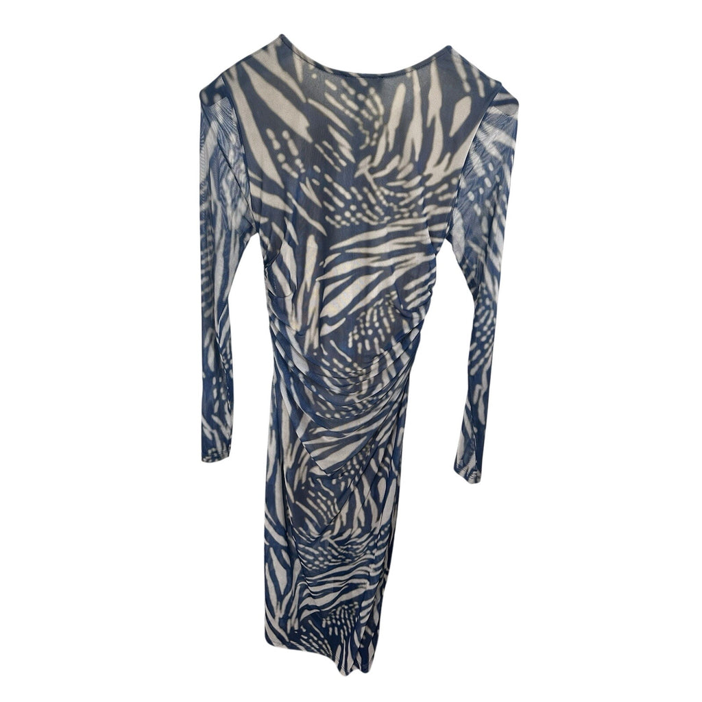FIFTEEN TWENTY Blue/White Abstract Ruched Round Neck Long Sleeve Midi Dress M
