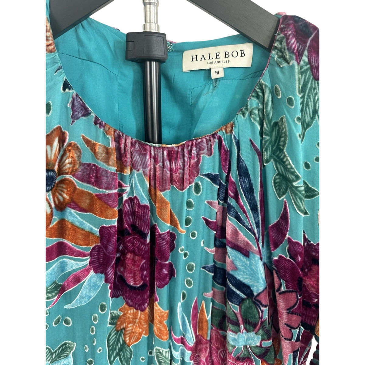 Hale Bob Turquoise Multicolor Floral Velvet Silk Scoop Neck Maxi Dress M
