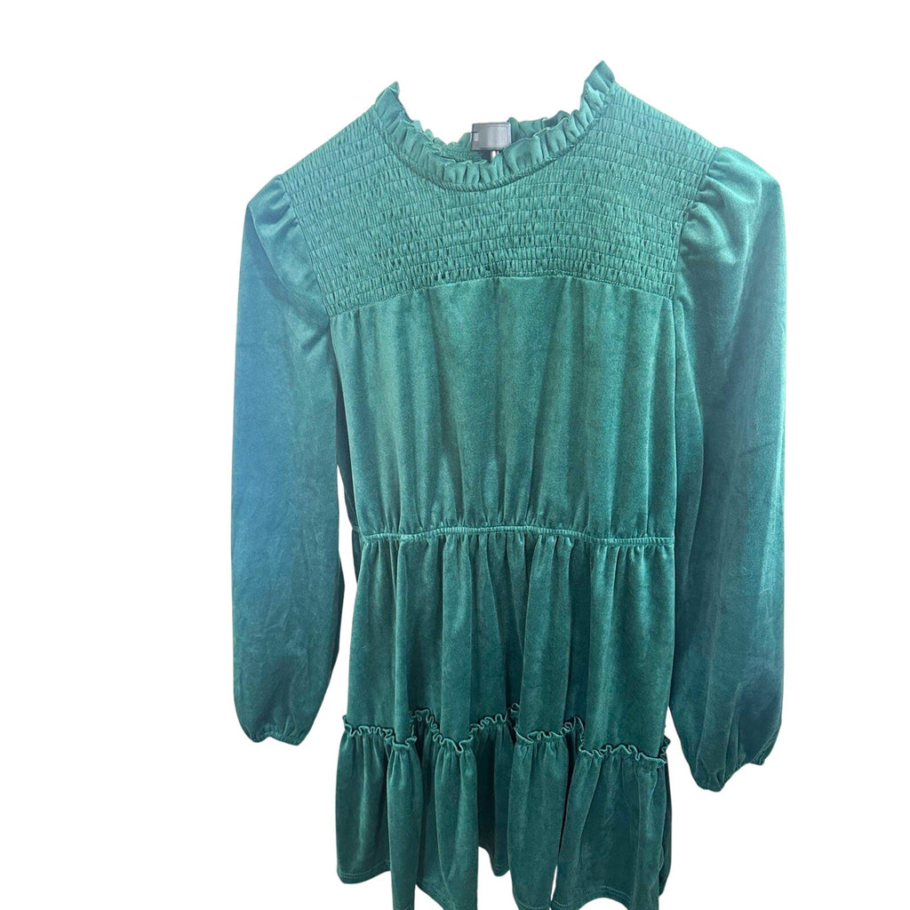 Green Solid Velvet High Neck Puff Long Sleeve Ruffle A-Line Short Dress S