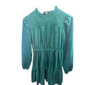 Green Solid Velvet High Neck Puff Long Sleeve Ruffle A-Line Short Dress S