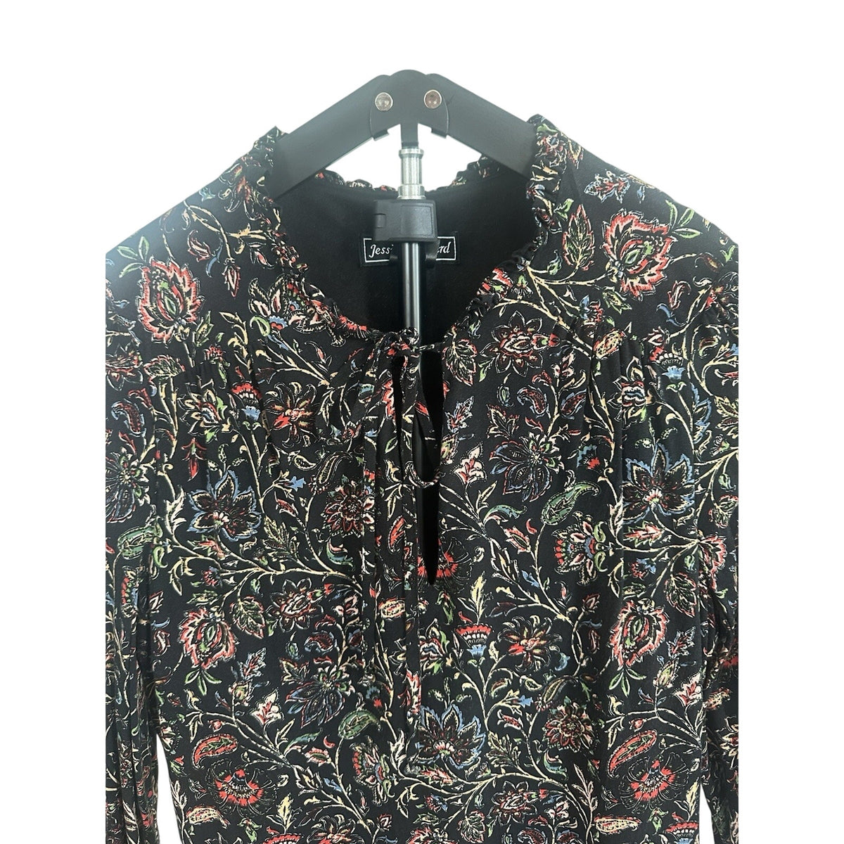 Jessica Howard Petite 8P Black Floral V-Neck Long Sleeve Tie Ruffle Mini Dress