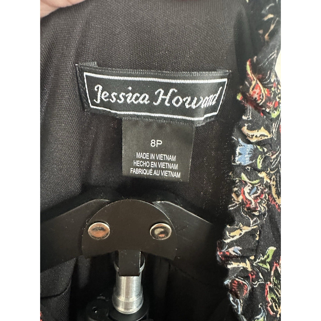 Jessica Howard Petite 8P Black Floral V-Neck Long Sleeve Tie Ruffle Mini Dress