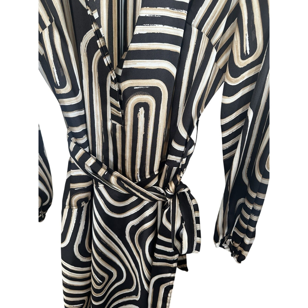 Donna Karan New York 8 Black/Beige Geometric Belted Long Sleeve Shirt Midi