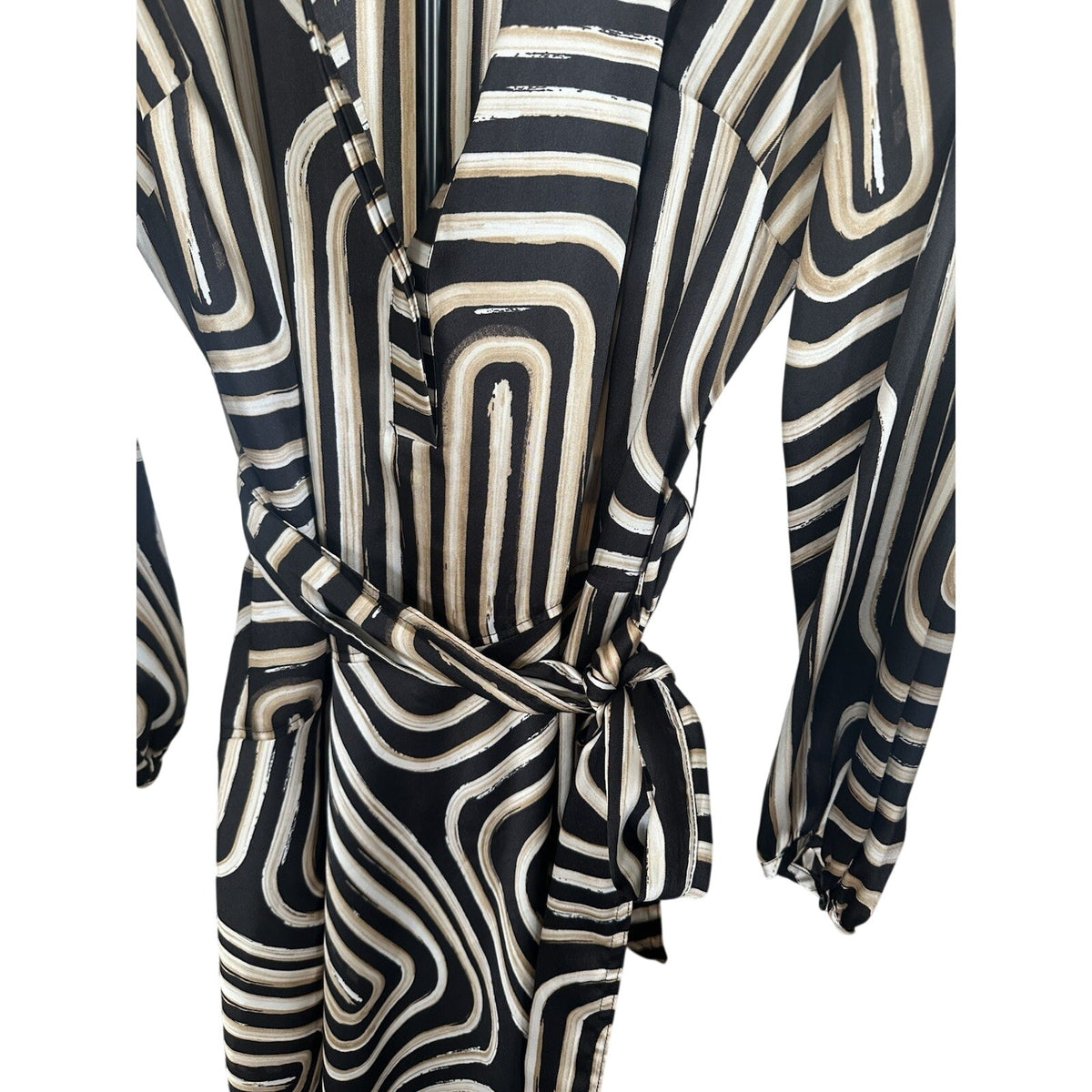 Donna Karan New York 8 Black/Beige Geometric Belted Long Sleeve Shirt Midi