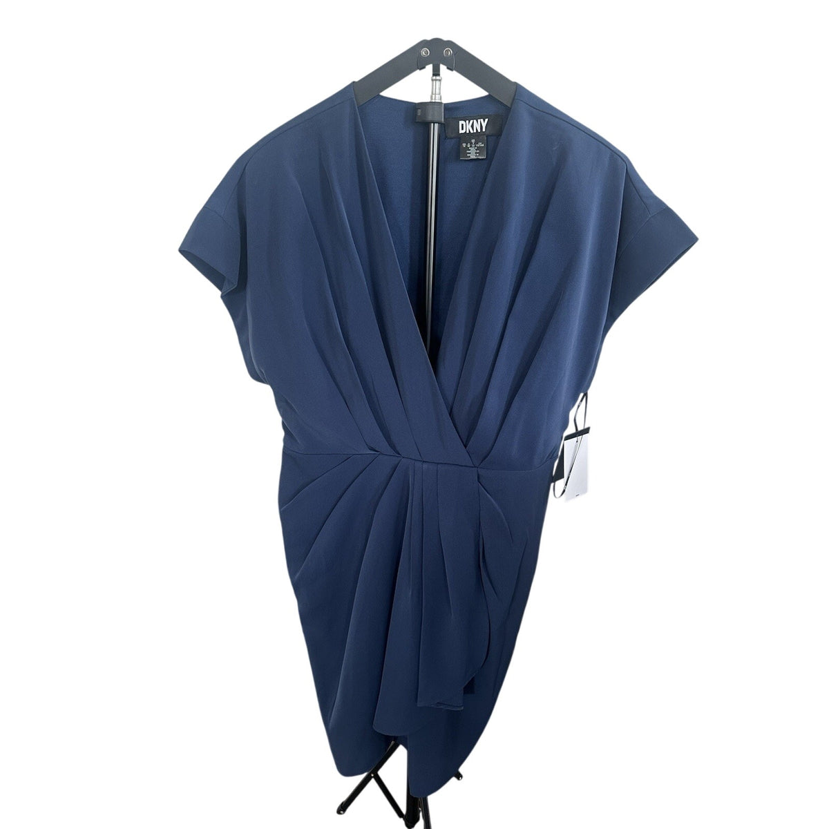 DKNY Blue Solid V-Neck Short Sleeve Pleated Pencil Knee Dress Size 10 DD4E2B94