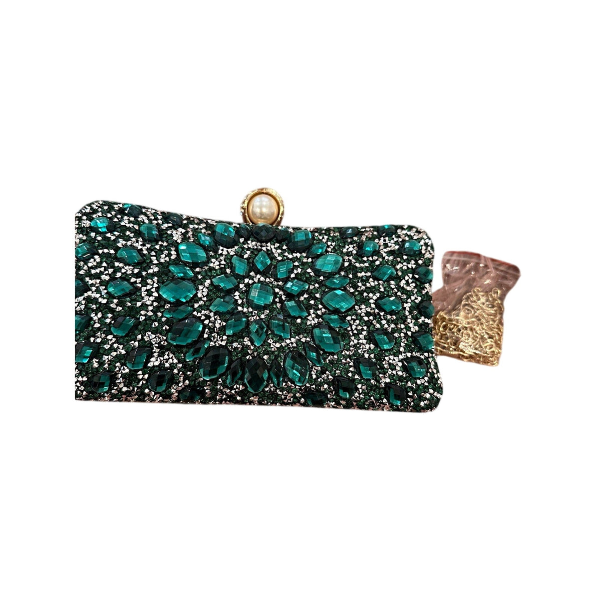 Green Floral Crystal Rhinestone Clutch w/ Detachable Gold Chain Crossbody Strap