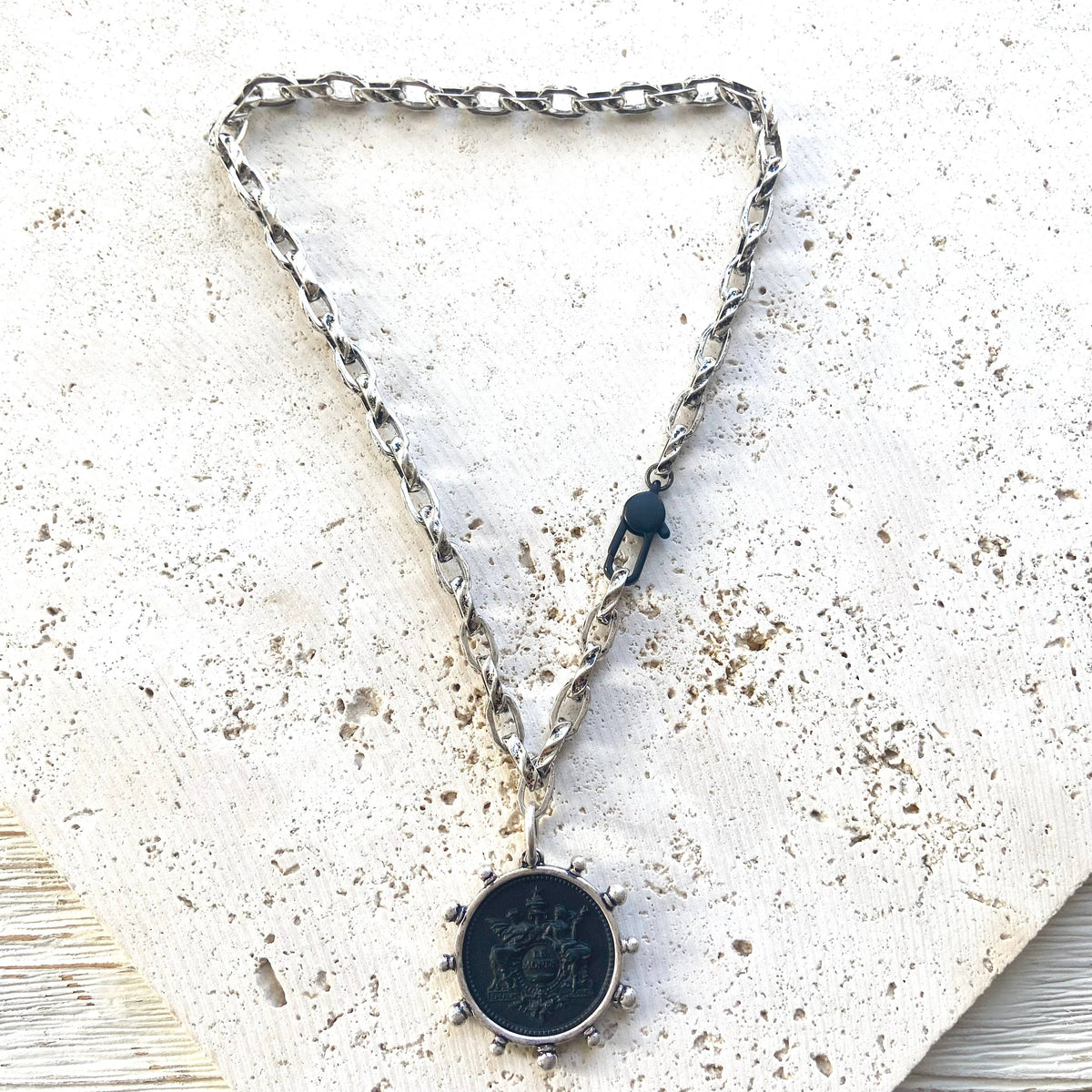 The Meredith | Matte Black Coin & Burnished Silver Chain Necklace