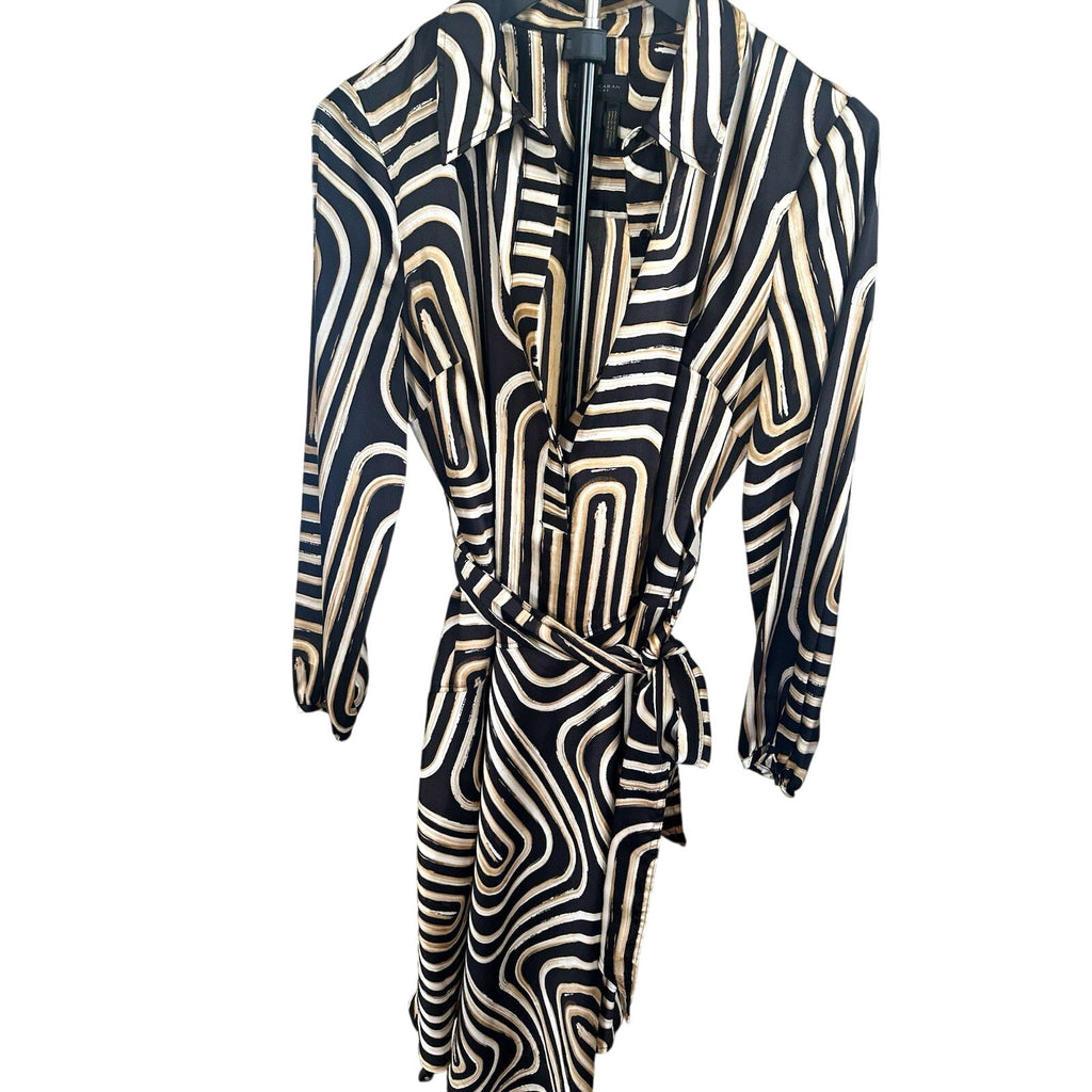 Donna Karan New York 8 Black/Beige Geometric Belted Long Sleeve Shirt Midi