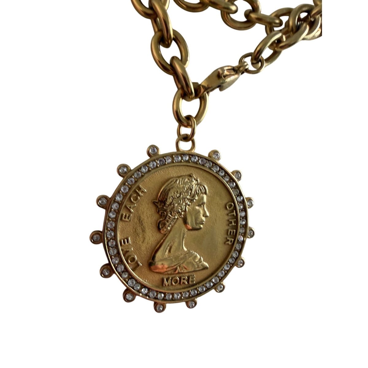 Gold-Tone Double Chain Coin Medallion Necklace with Crystal Detail 38"