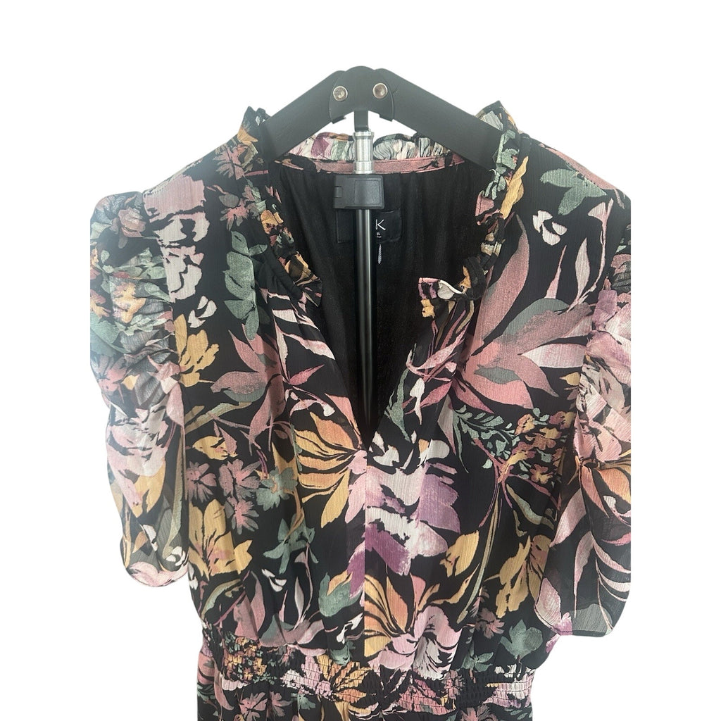MSK Petite PM Petites Floral V-Neck Puff Short Sleeve Midi Dress Black