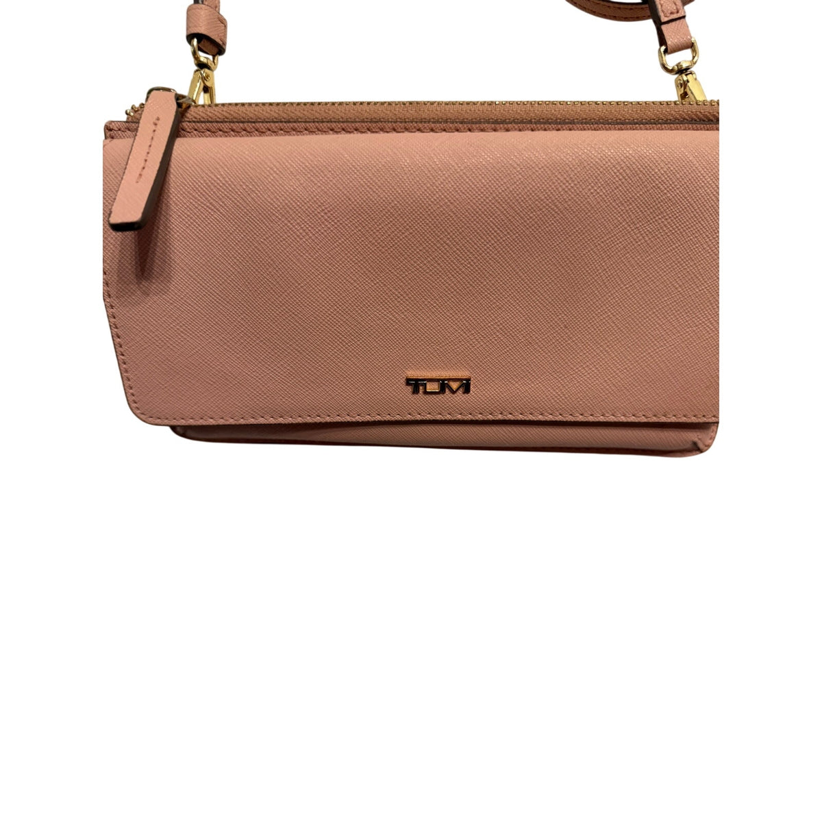 TUMI Blush Pink Crossbody Wallet Bag Saffiano Style Gold Hardware