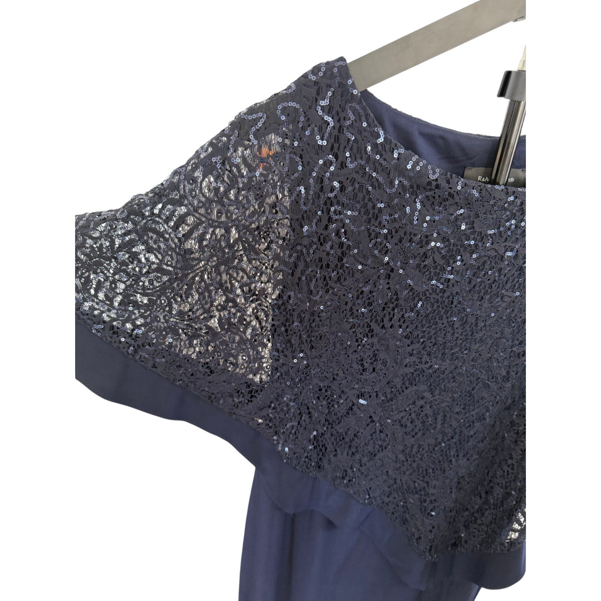 R&M Richards Navy Blue Sequin Lace Overlay Dress Size 12 Formal Cocktail