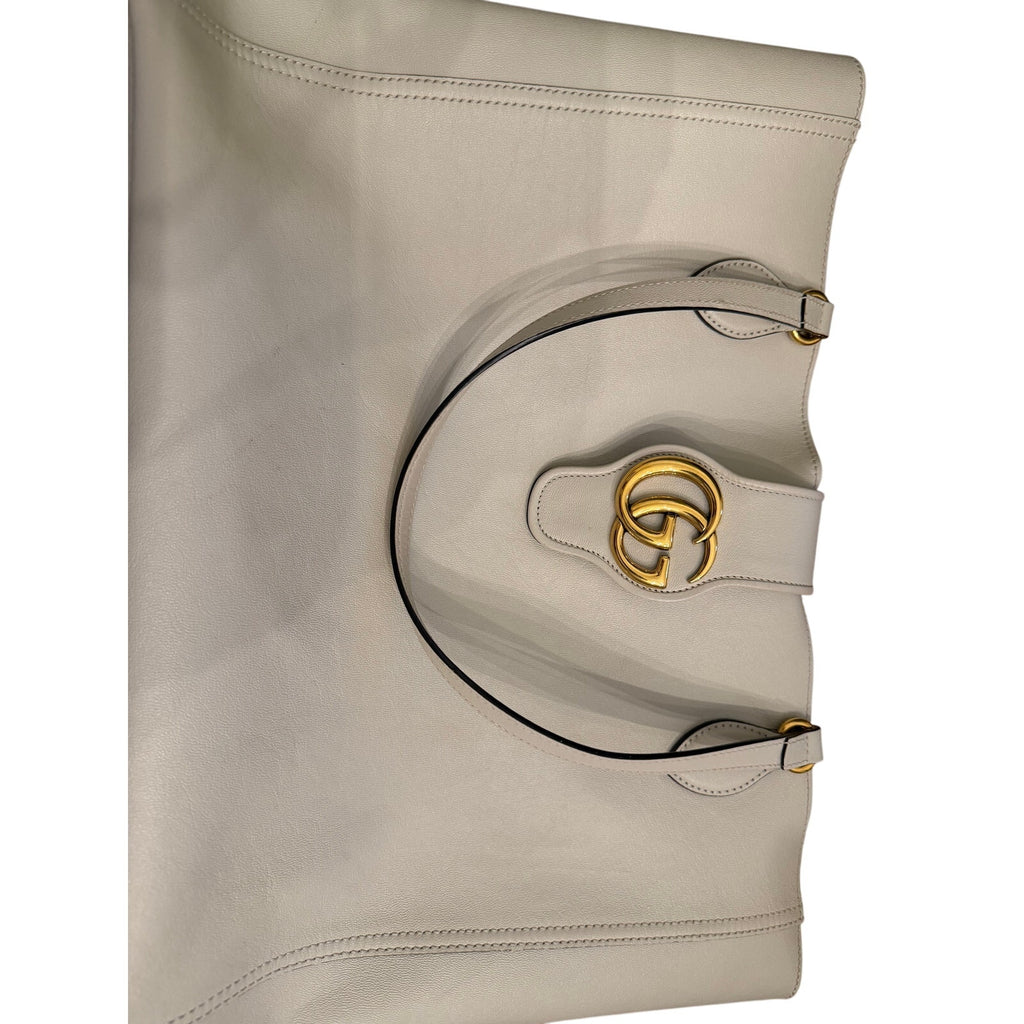 Gucci Interlocking G Ivory Cream Leather Tote Shoulder Bag Gold Hardware Pouch Full Set