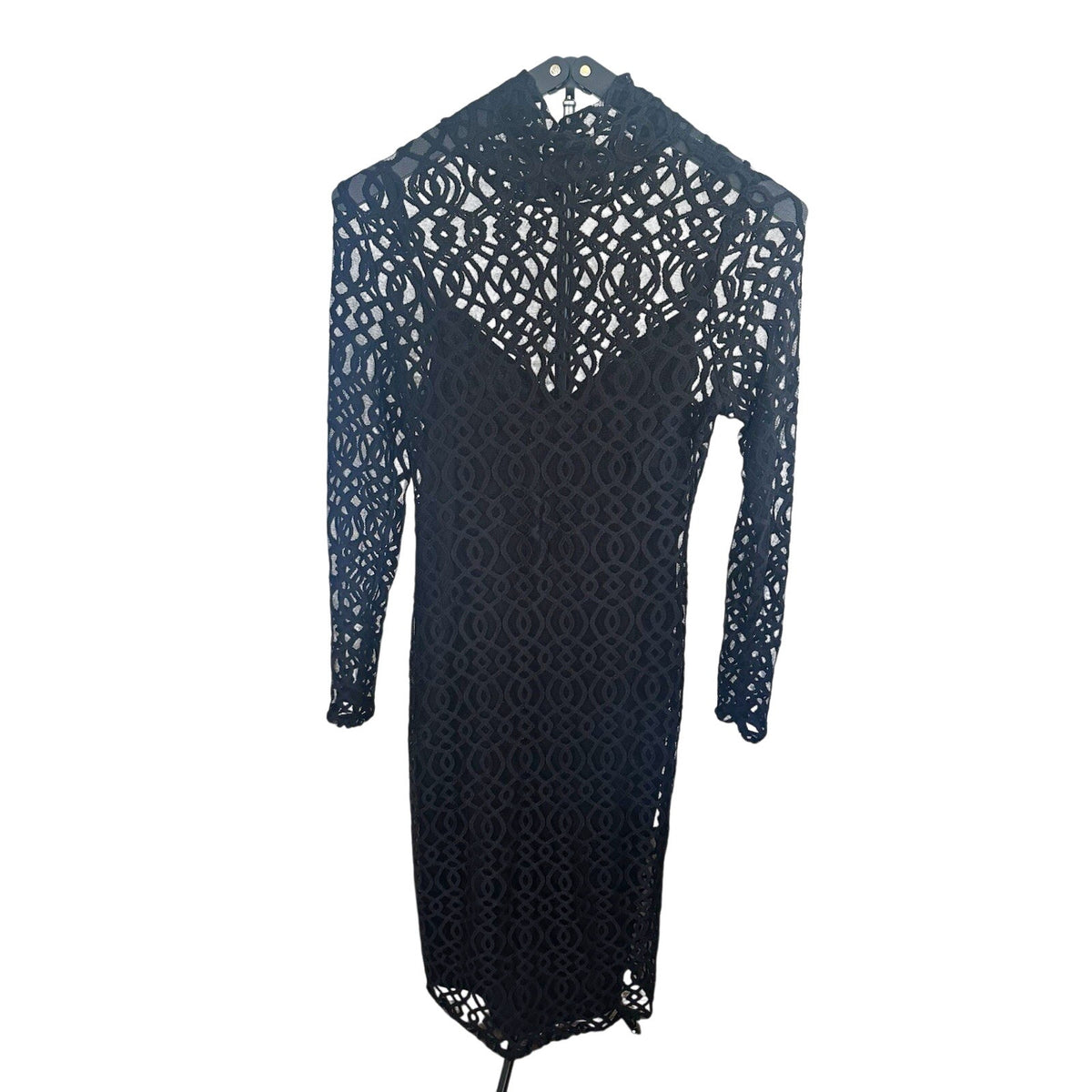 Rachel Rachel Roy Black Lace Geometric High Neck Long Sleeve Midi Sheath Dress M