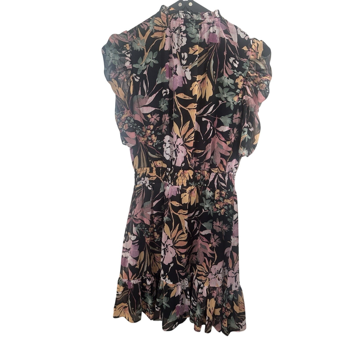 MSK Petite PM Petites Floral V-Neck Puff Short Sleeve Midi Dress Black