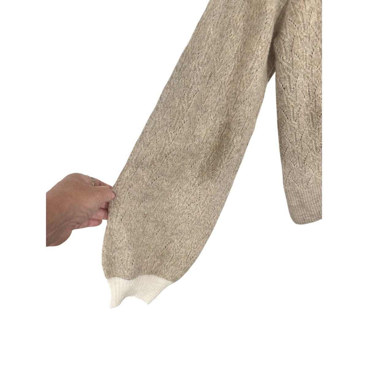 heartloom Womens Knit Cardigan Sweater V-Neck Button Crochet Trim Beige L