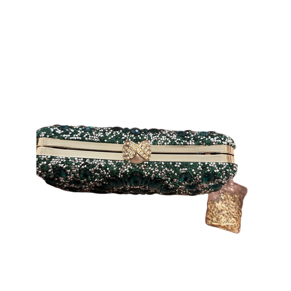 Green Floral Crystal Rhinestone Clutch w/ Detachable Gold Chain Crossbody Strap